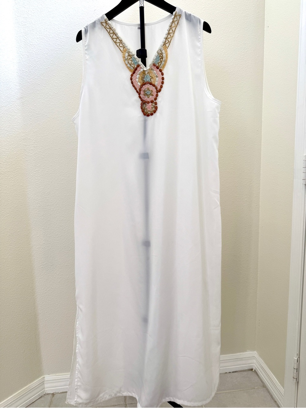 Embroidered V-Neck White Maxi Dress